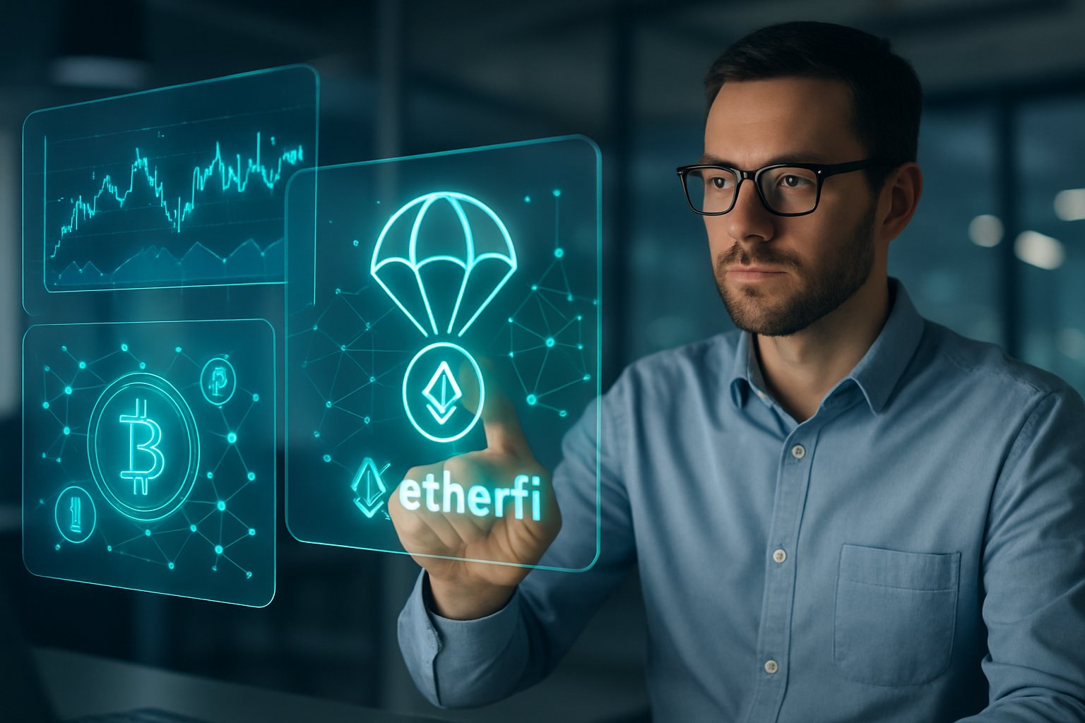 A person interacting with futuristic digital screens showing cryptocurrency and blockchain graphics in a modern workspace.