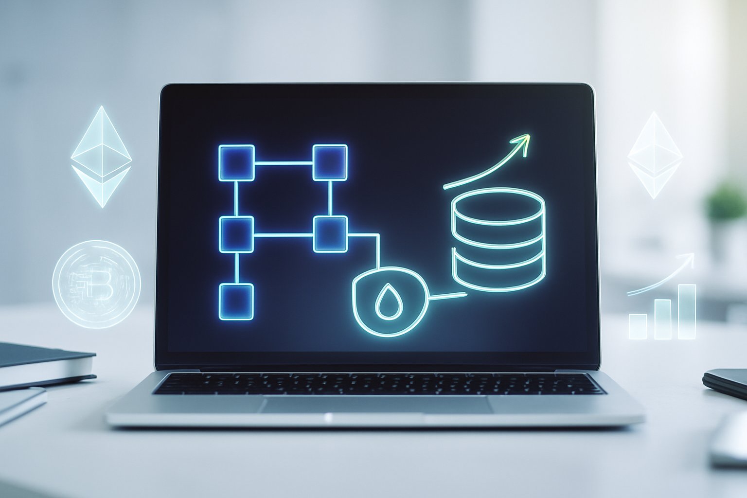 A laptop on a modern desk displaying digital blockchain graphics with floating Ethereum tokens and graphs symbolizing cryptocurrency staking and rewards.