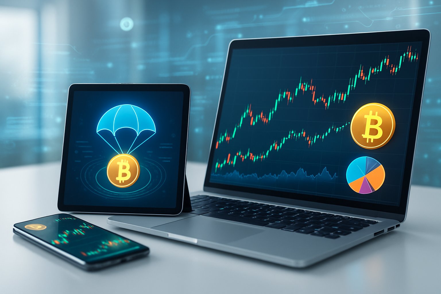 A modern workspace with digital devices showing cryptocurrency charts and symbols.
