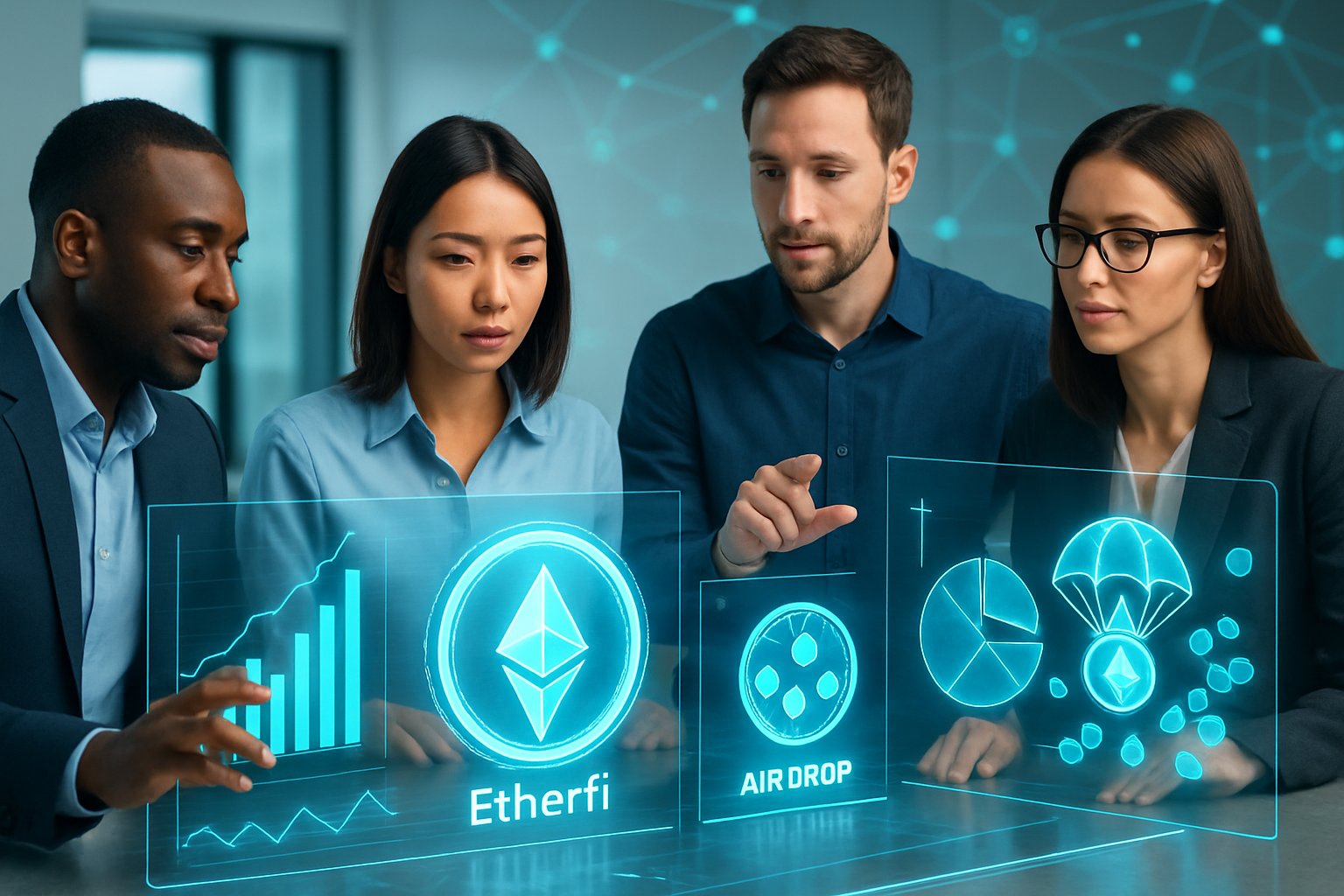 A group of professionals analyzing holographic digital cryptocurrency charts and tokens in a modern workspace with glowing blockchain network visuals.