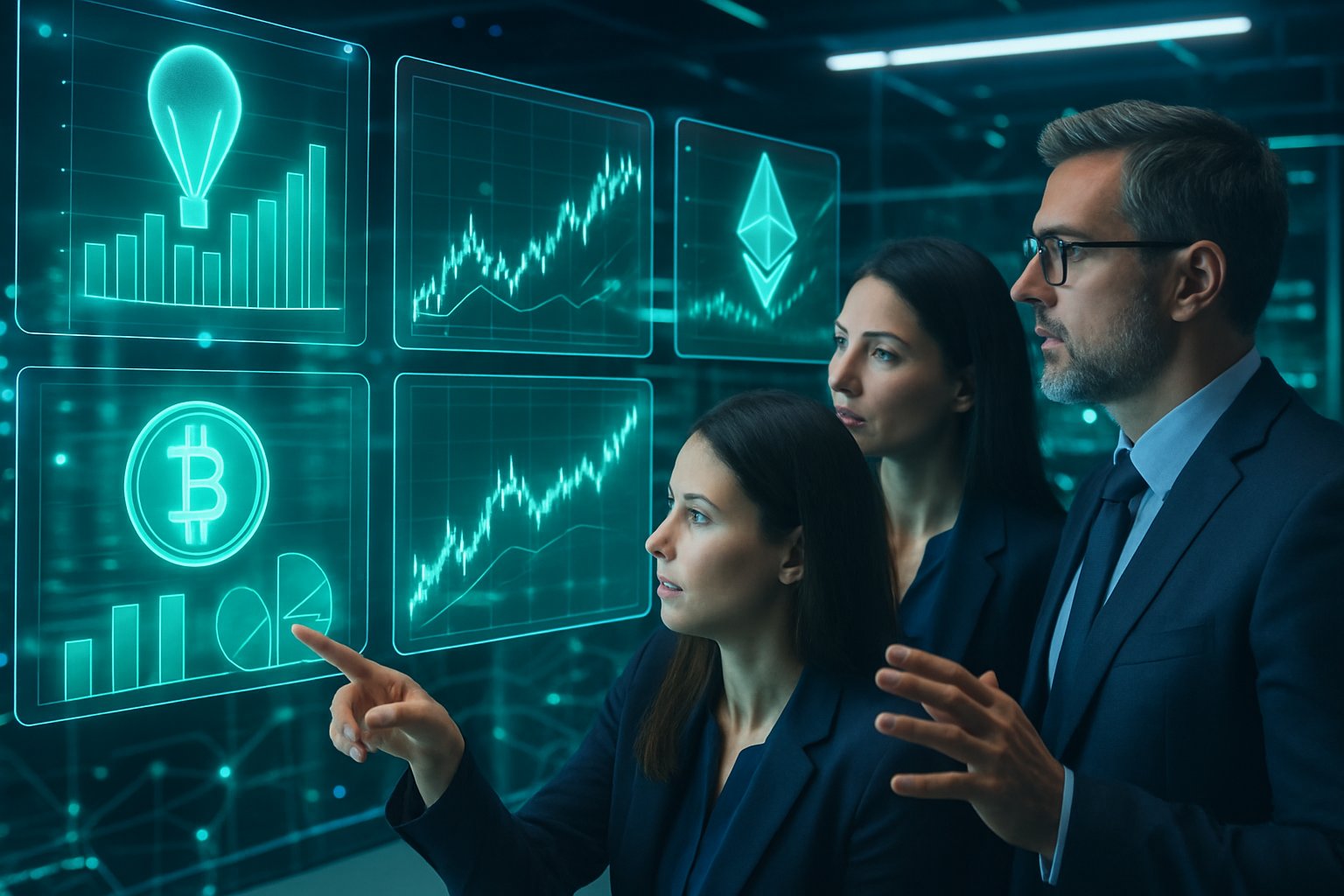 A group of professionals analyzing digital financial charts and cryptocurrency symbols in a modern tech workspace.