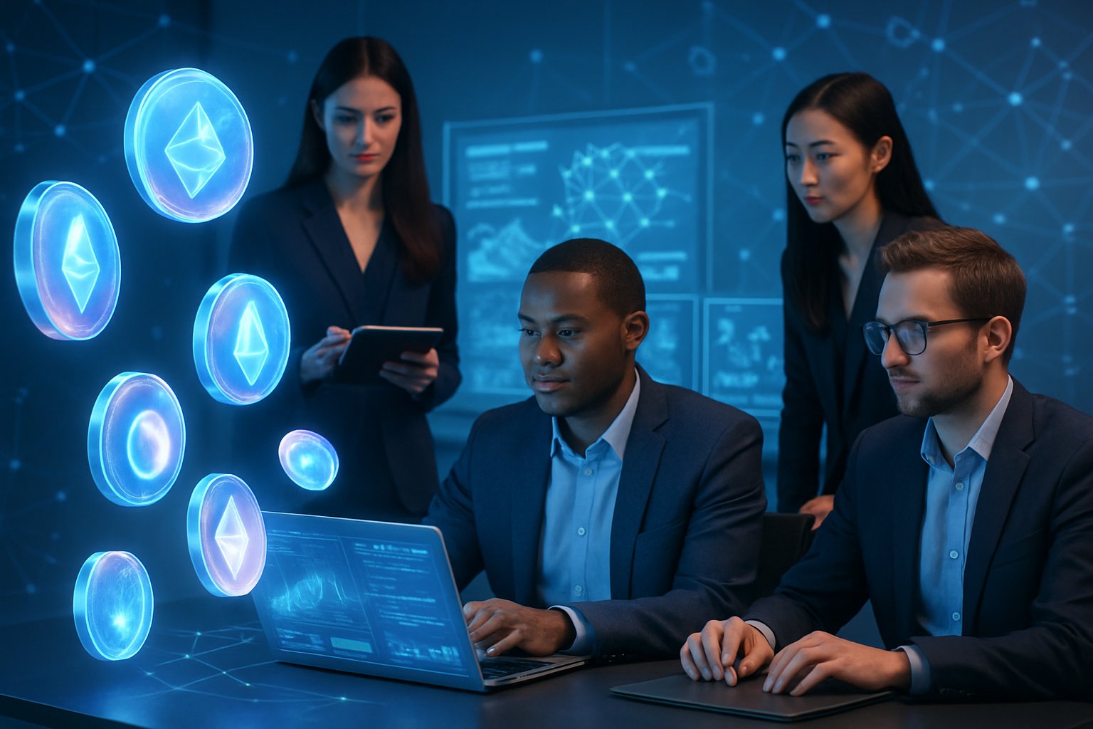 A group of professionals interacting with holographic digital coins and blockchain data in a modern high-tech workspace.