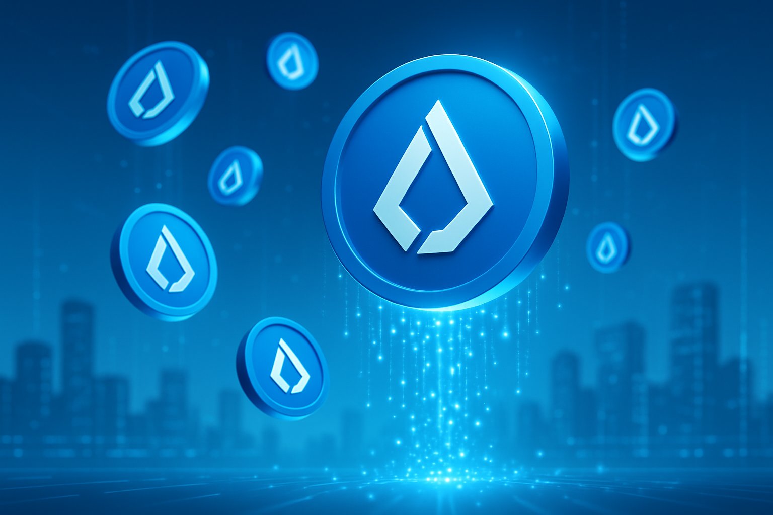 A digital scene showing floating Lisk cryptocurrency logos surrounded by glowing light effects over a futuristic cityscape with holographic data streams.
