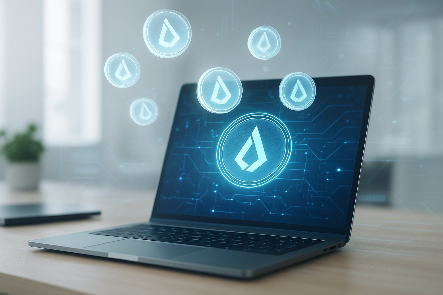 A laptop on a desk with glowing digital tokens floating above it, representing a cryptocurrency airdrop in a modern office setting.
