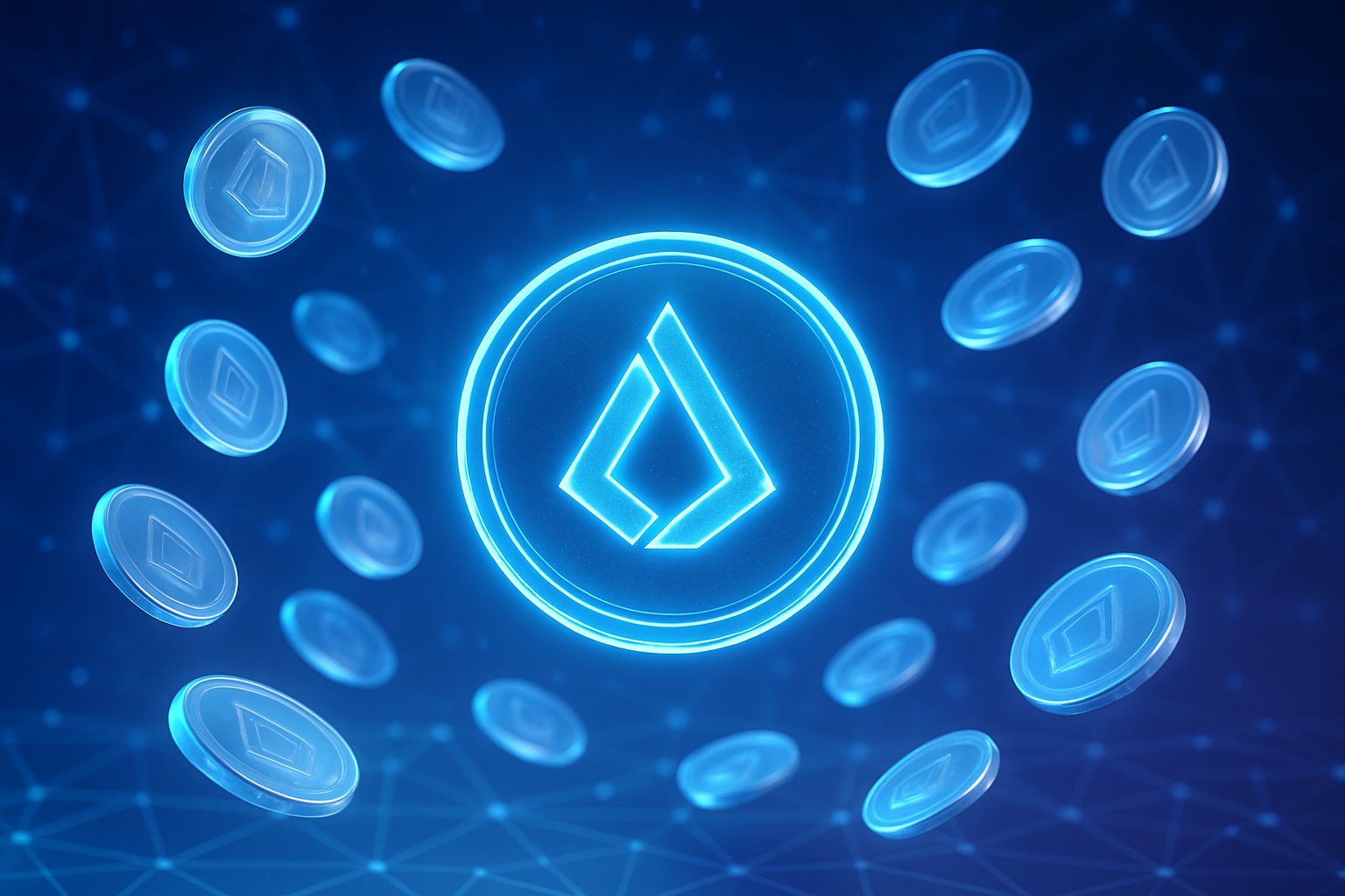 A glowing Lisk logo with digital tokens floating around it against a background of interconnected blockchain nodes.