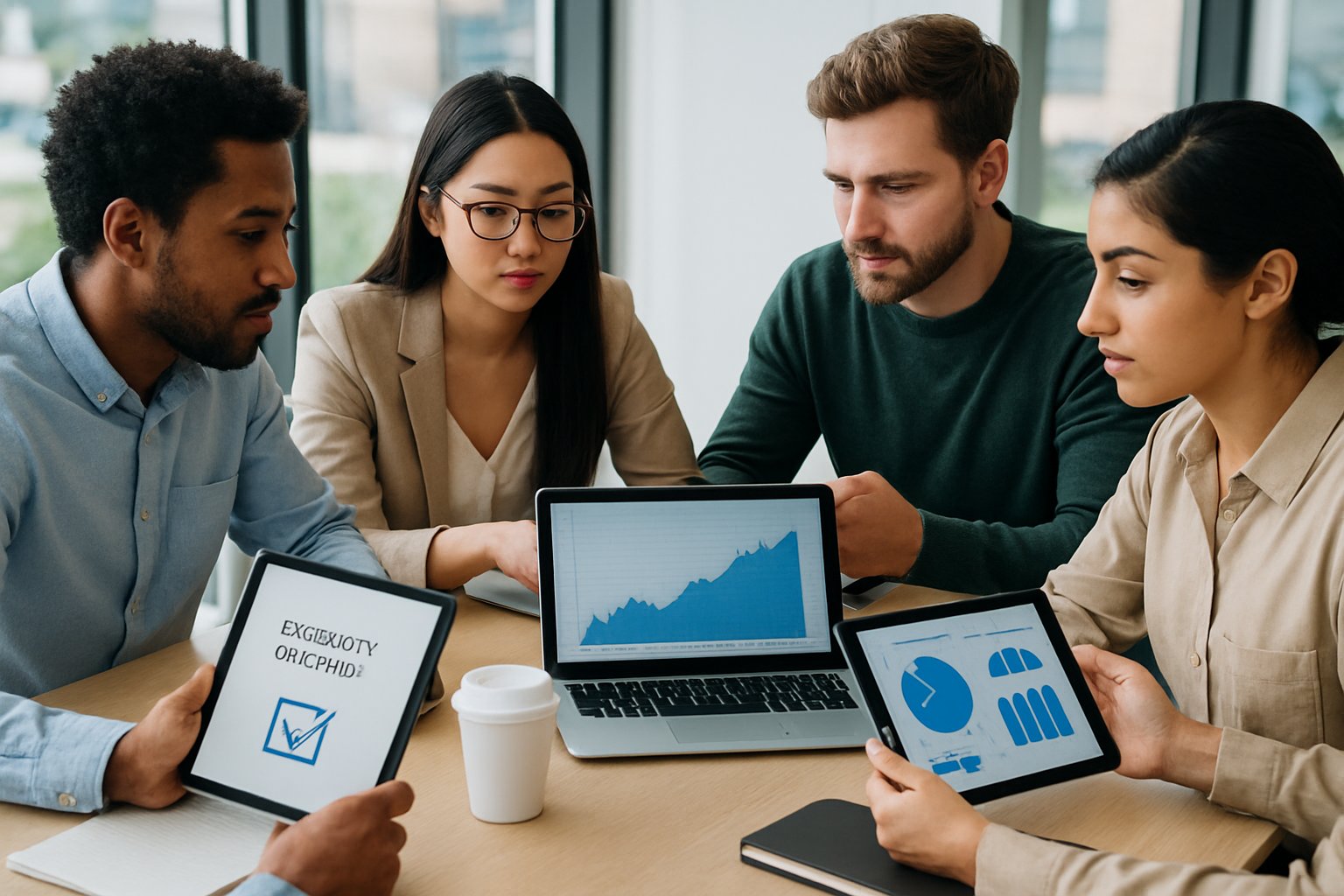 A group of diverse professionals discussing documents and digital devices around a modern office table.