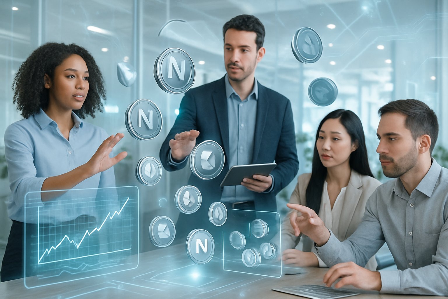 A group of professionals interacting with floating digital coins and holographic screens in a modern office setting.
