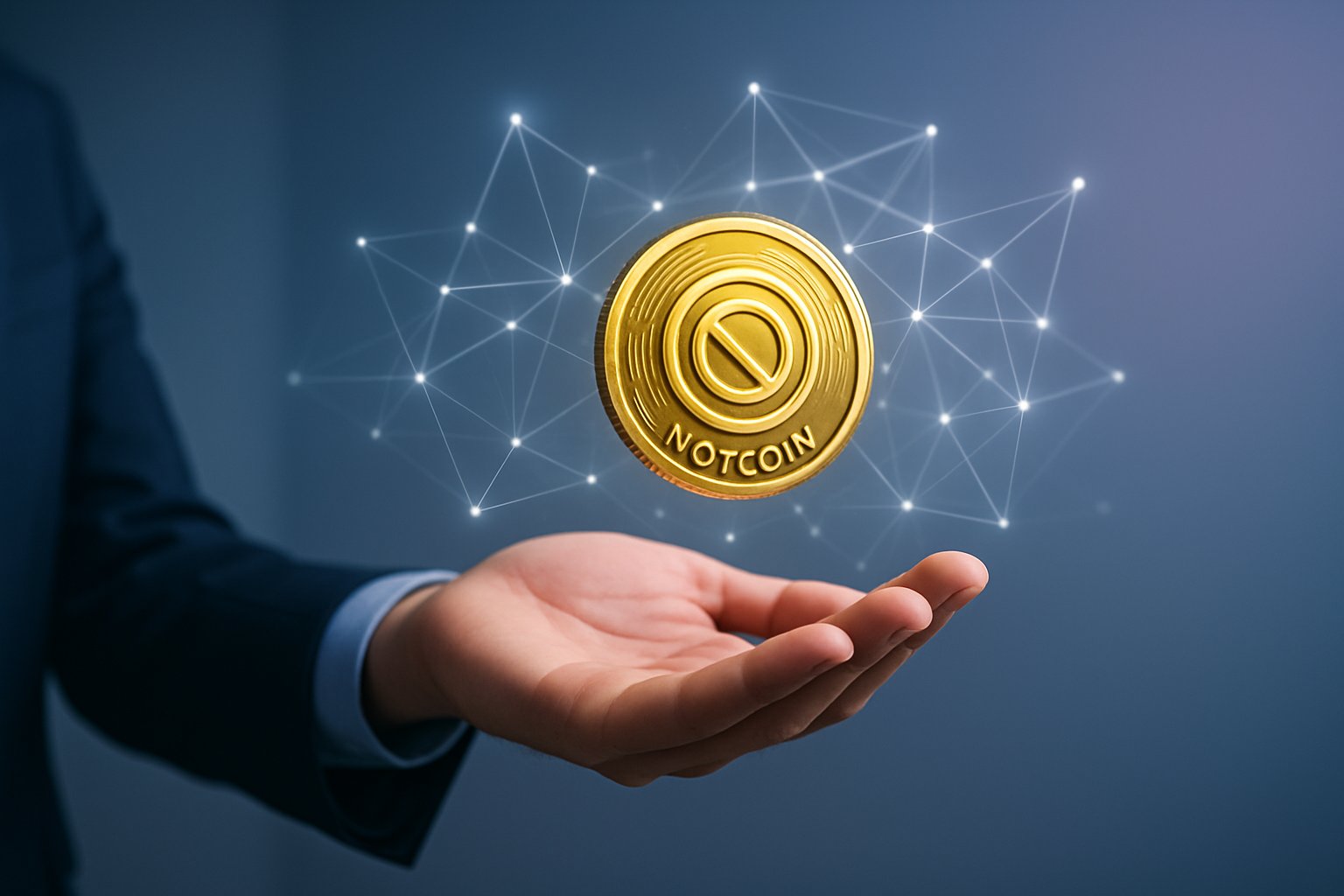 A hand holding a glowing futuristic digital coin surrounded by network lines and nodes representing cryptocurrency distribution.