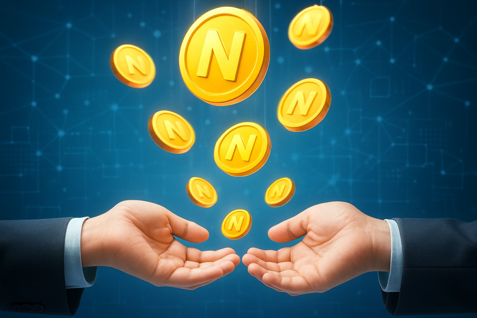 Hands reaching out to receive glowing digital coins floating in a futuristic network environment.