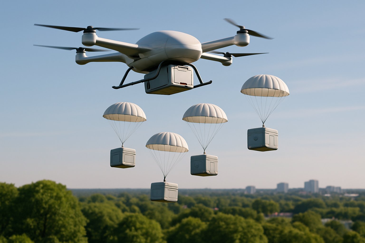 A drone releasing small packages with parachutes descending over a green landscape and buildings.