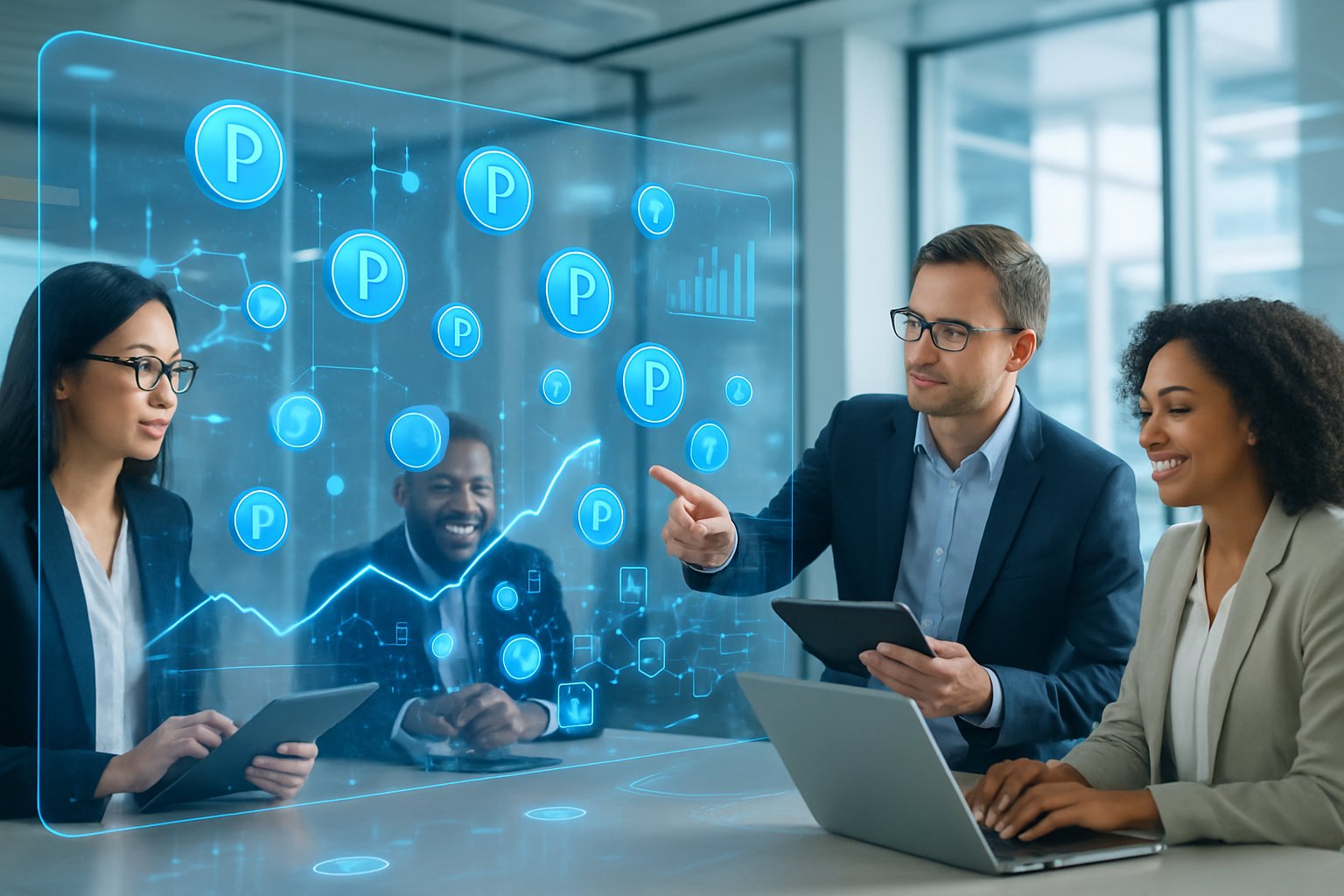 A diverse group of professionals collaborating around a digital screen showing futuristic charts and floating digital tokens in a bright modern office.