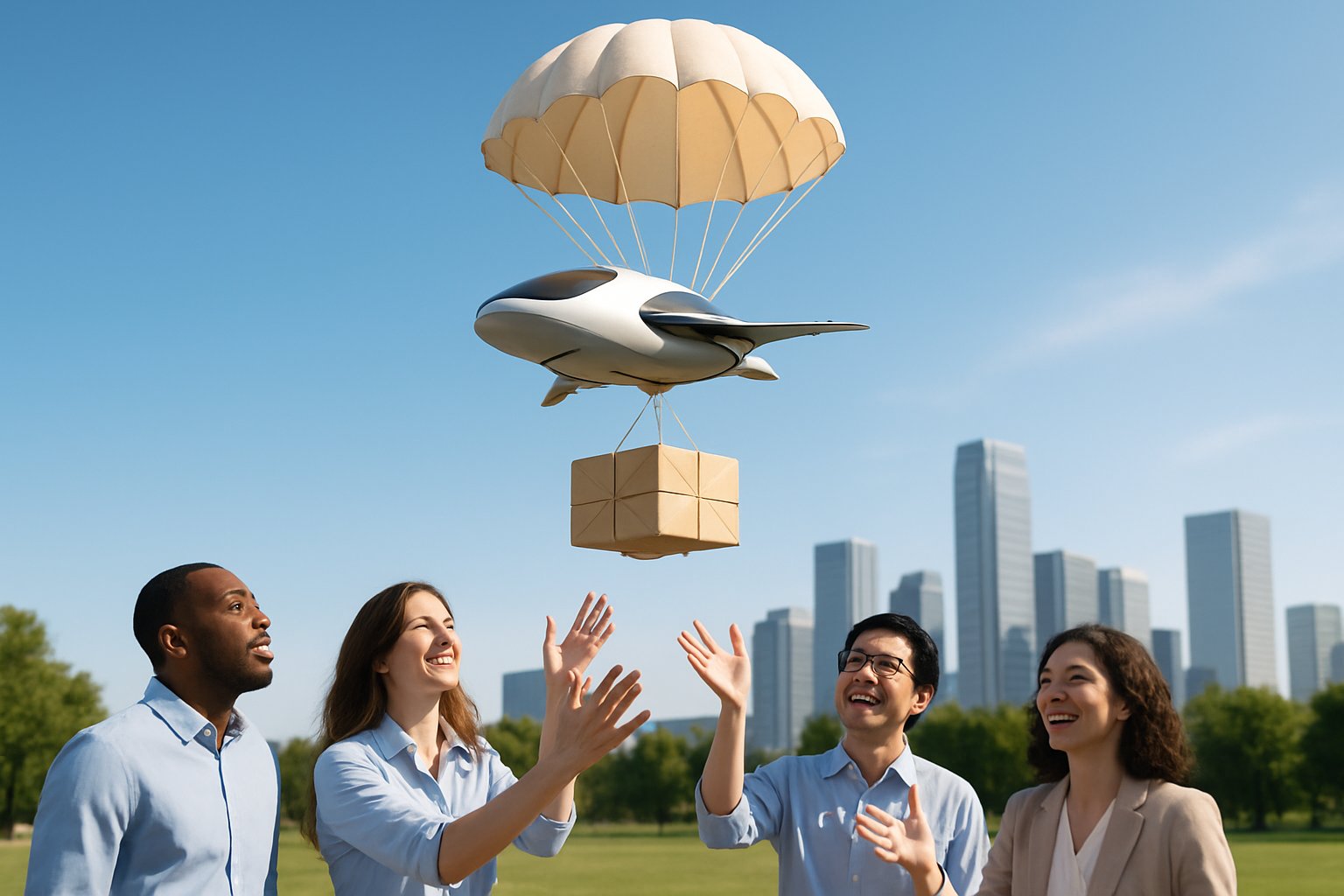 A drone descending with a parachute to deliver a package to people standing in a city park under a clear sky.