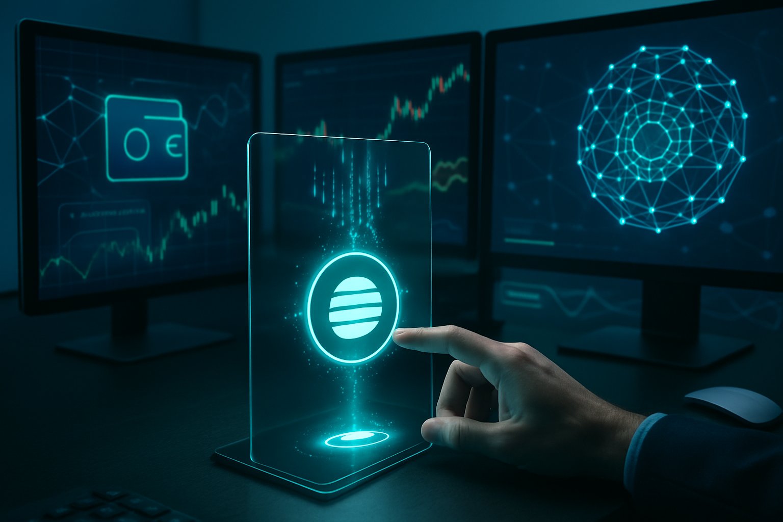 A modern workspace with computer screens showing cryptocurrency data and a hand interacting with a glowing digital token symbol representing a crypto airdrop.