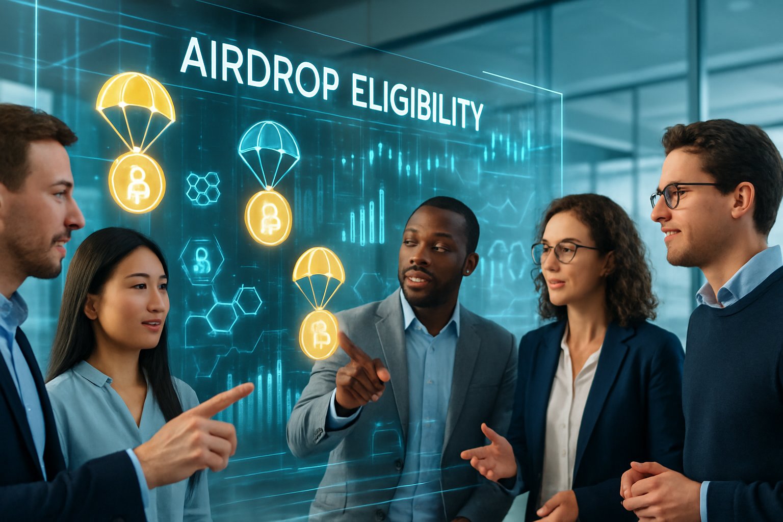 A group of professionals discussing digital charts and cryptocurrency tokens in a modern office setting.