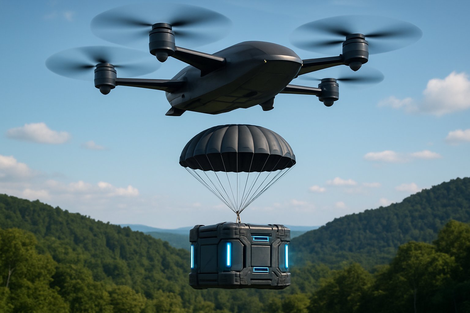 A drone releasing a high-tech supply crate mid-air over a forested mountainous area under a clear sky.