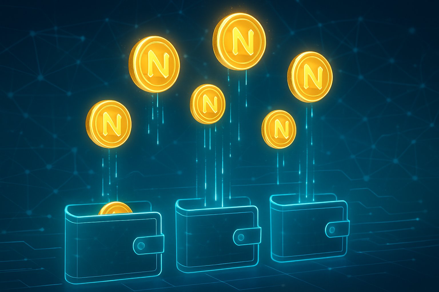 A futuristic digital interface showing cryptocurrency tokens being distributed into multiple digital wallets with interconnected network nodes in the background.