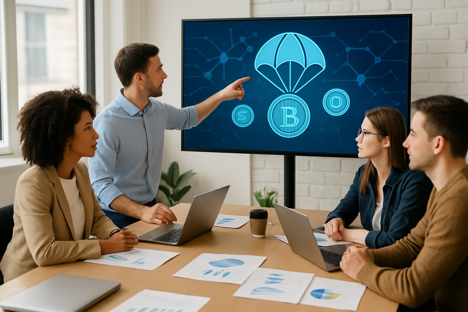 A group of young professionals collaborating around a conference table with laptops and a large screen showing digital blockchain visuals.