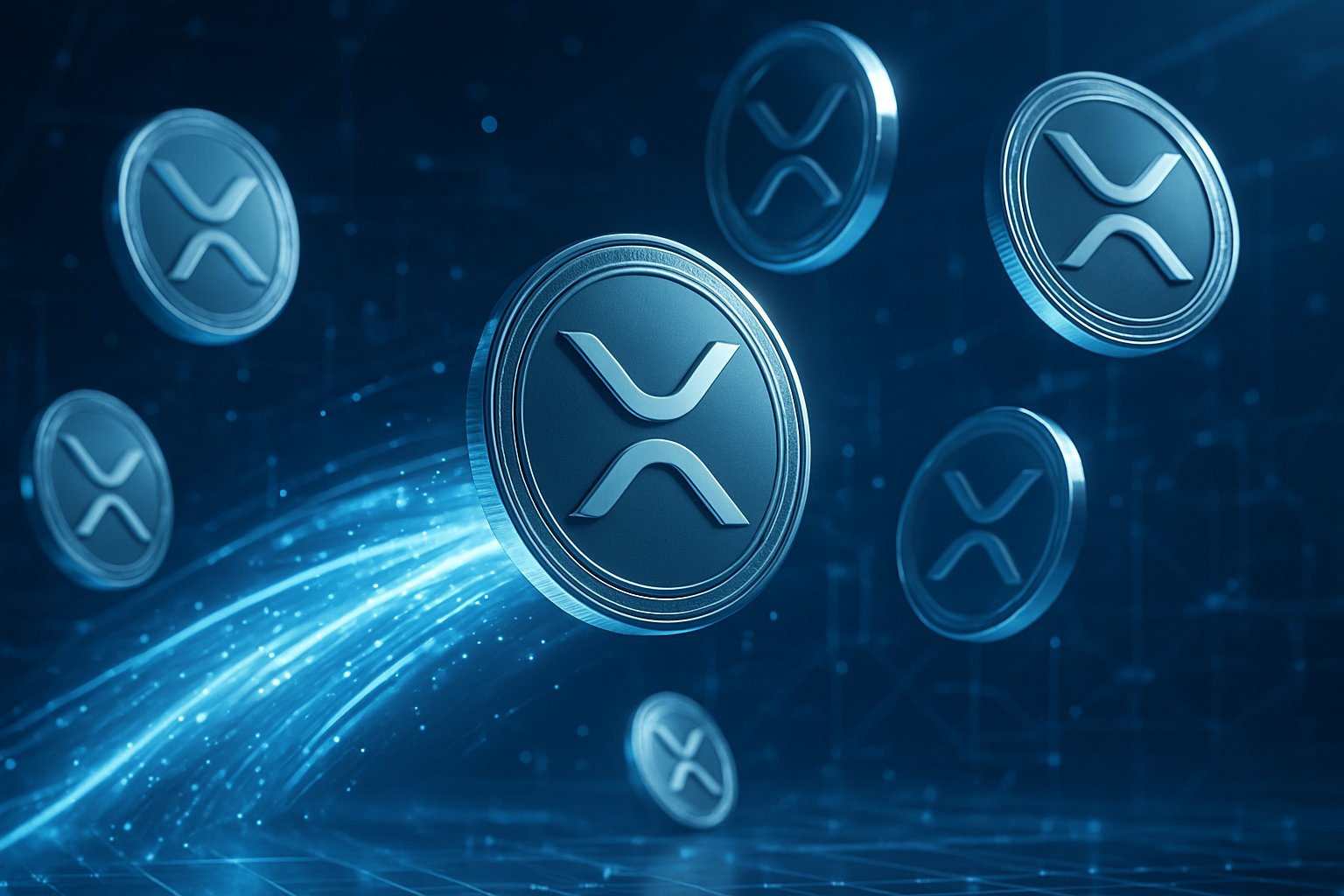 Floating XRP coins surrounded by digital light streams over a futuristic network grid representing cryptocurrency airdrop.