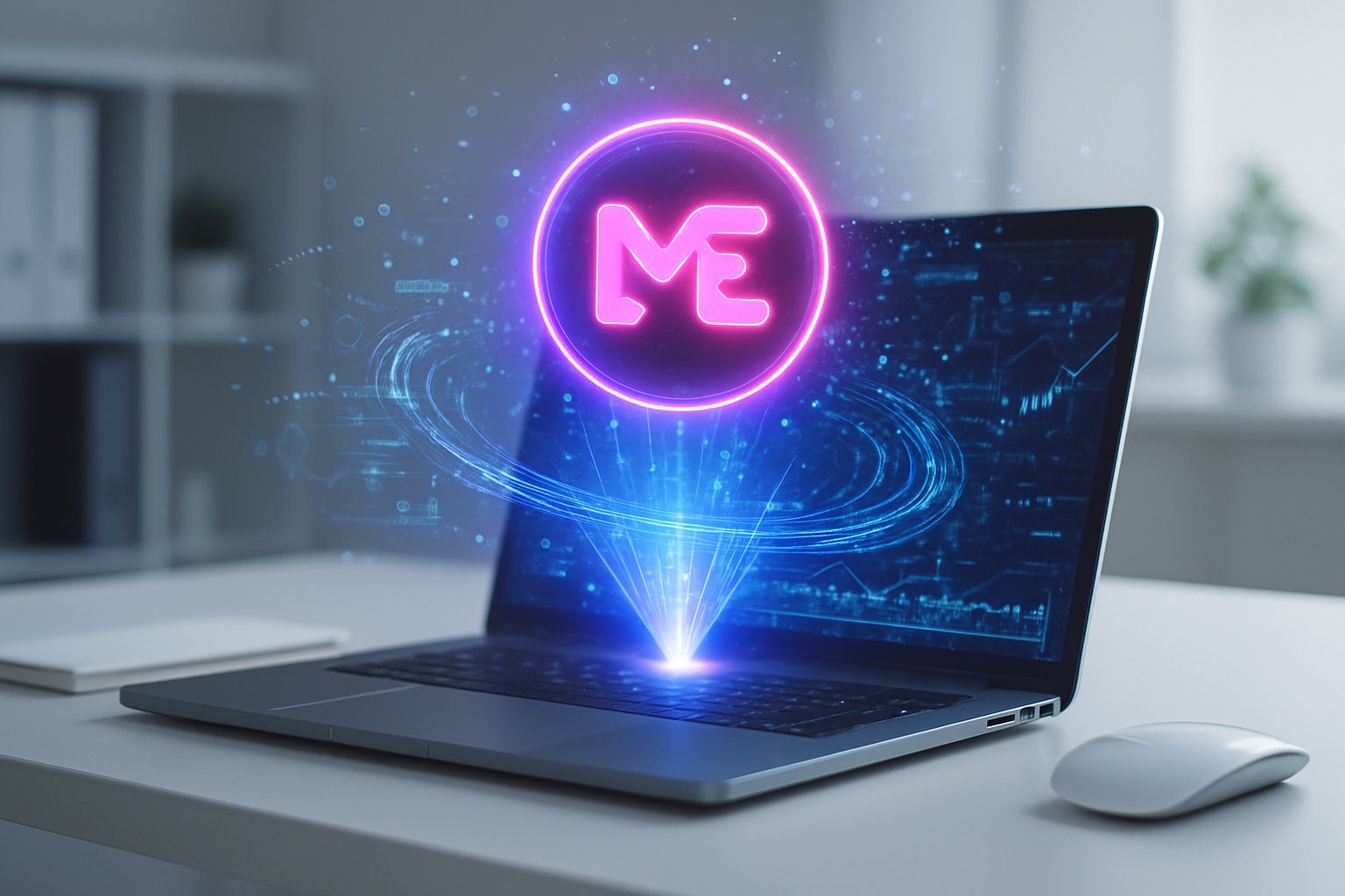 A computer screen showing a glowing digital token with holographic data streams in a modern office setting.
