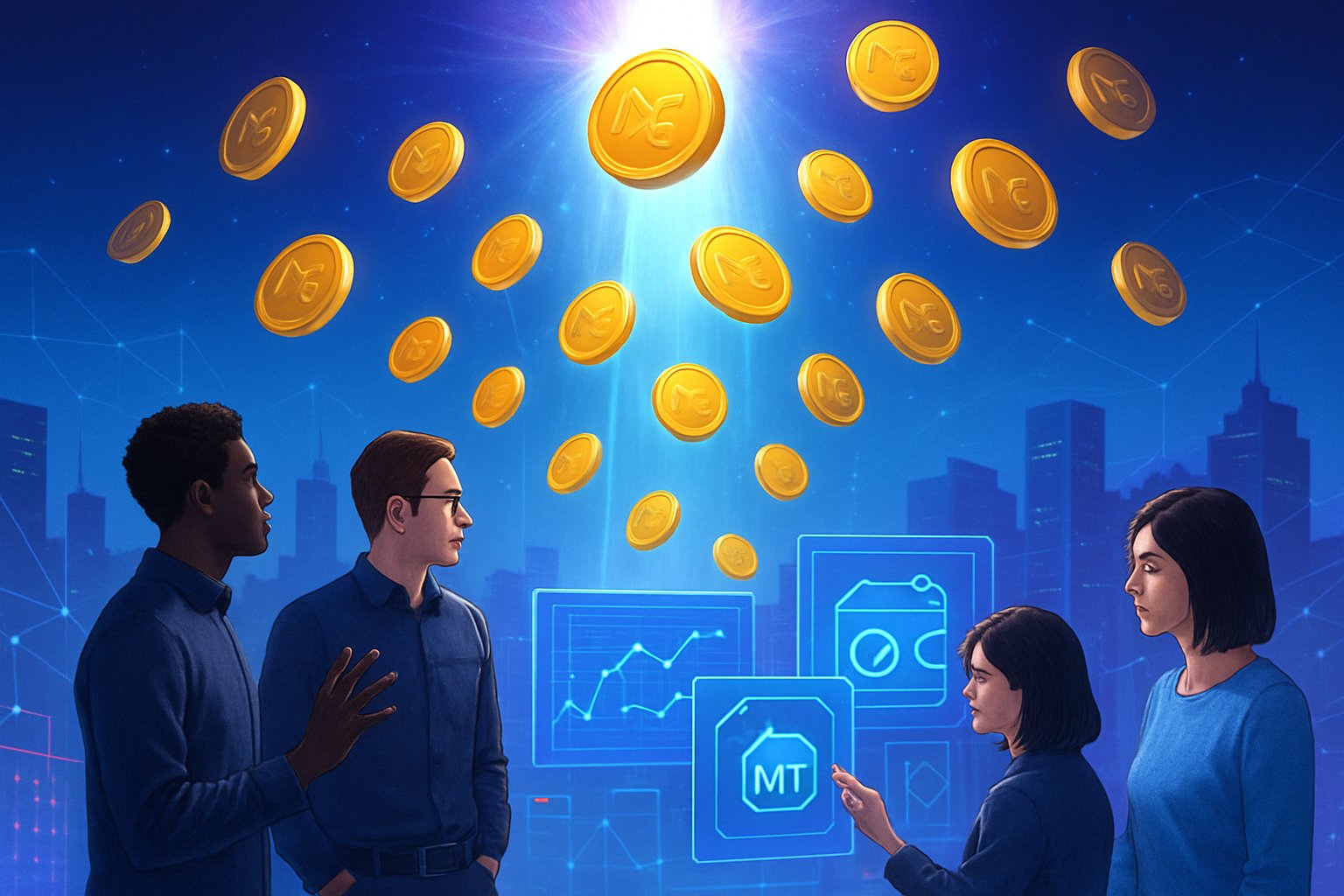 People interacting with floating digital tokens and holographic screens in a futuristic cityscape representing a cryptocurrency airdrop event.