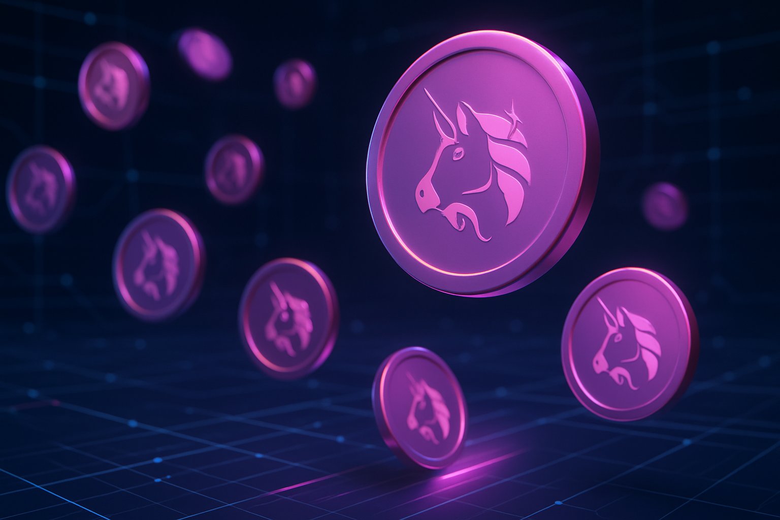 Glowing digital tokens with unicorn logos floating over a dark network grid representing cryptocurrency distribution.