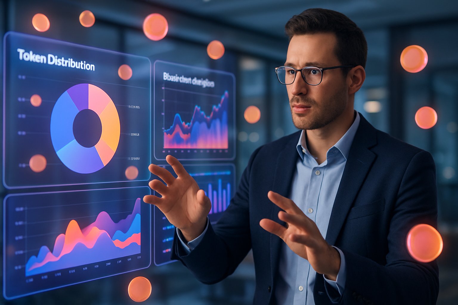 A business professional interacting with floating digital charts and tokens in a modern office setting, illustrating cryptocurrency token distribution.