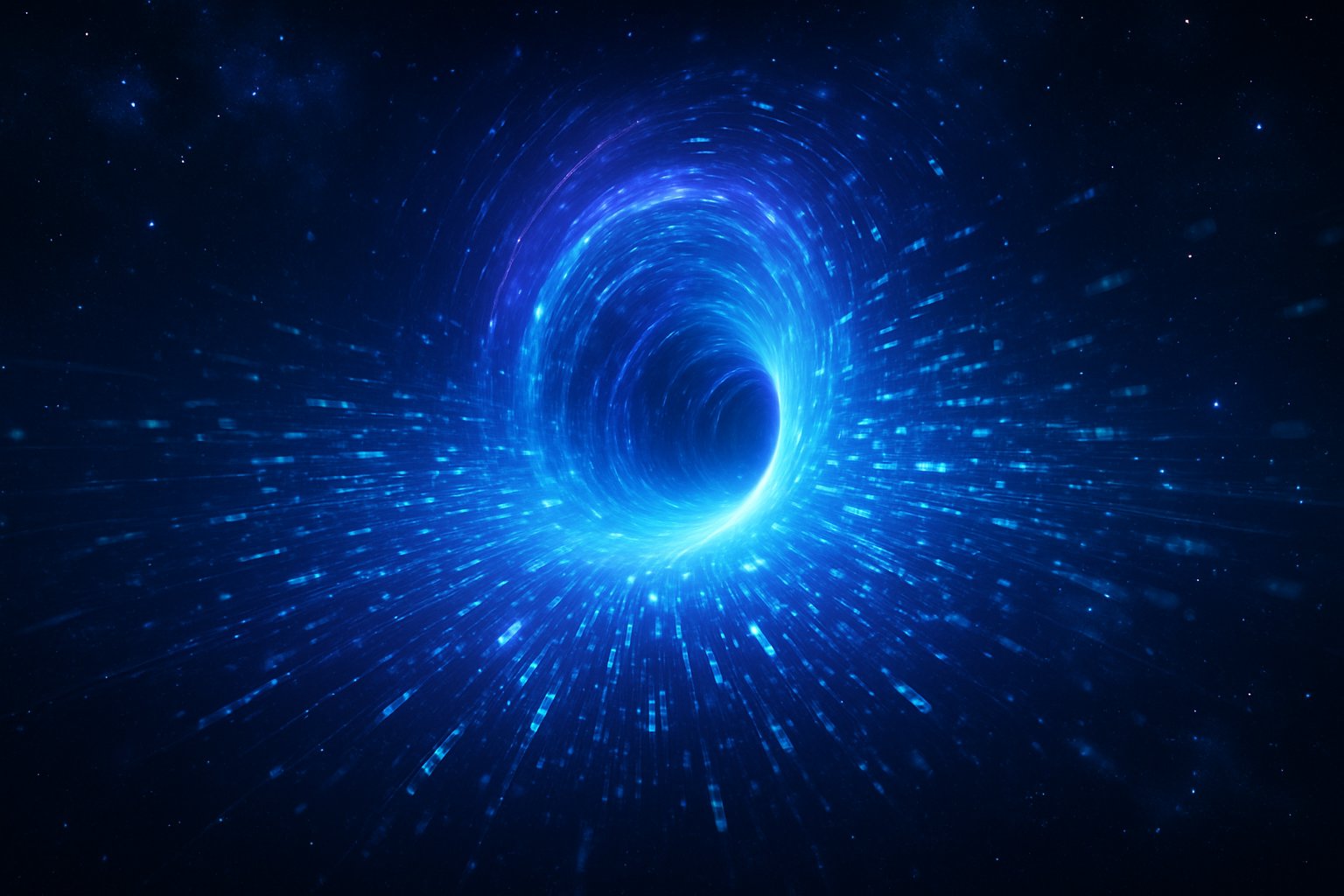 A glowing wormhole in space with streams of digital data flowing outward against a starry background.