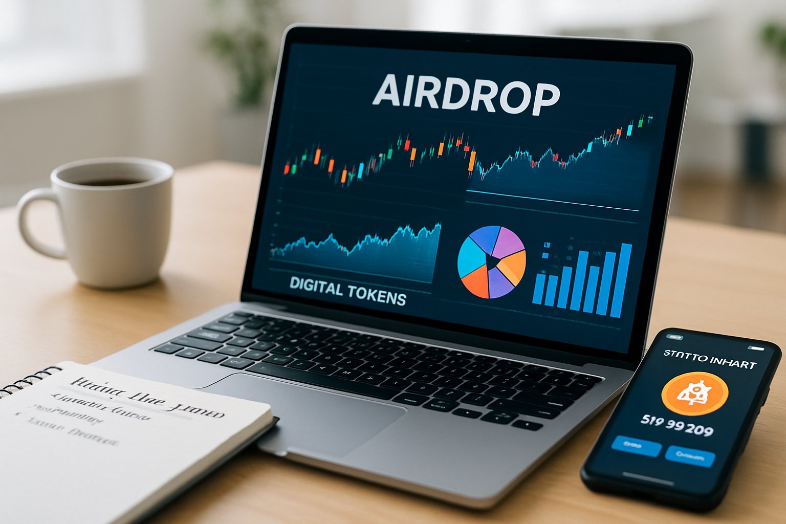 A laptop and smartphone on a desk displaying cryptocurrency charts and wallet apps, with a notepad and coffee cup nearby.