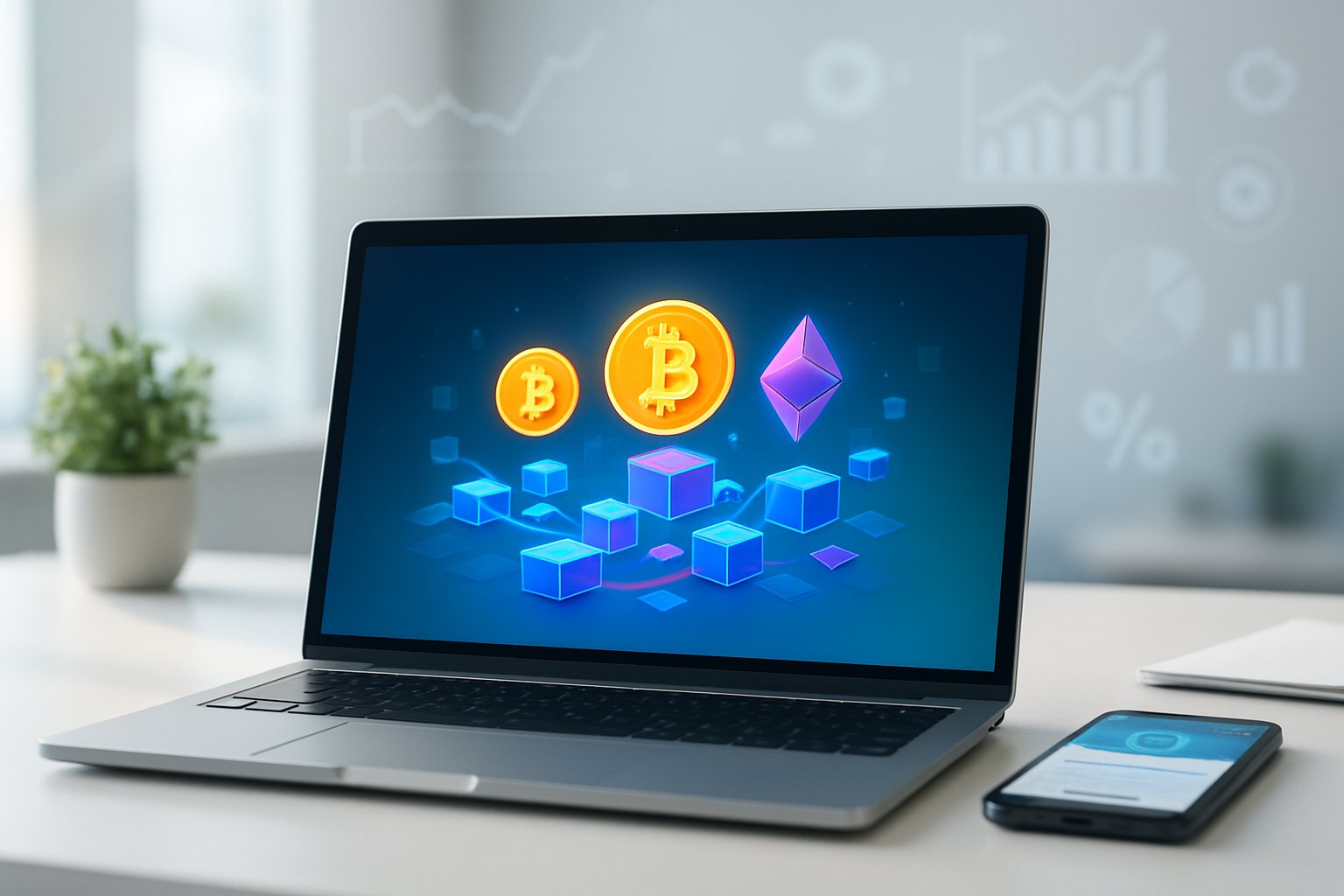 A modern workspace with a laptop and smartphone displaying digital cryptocurrency graphics on a clean desk.