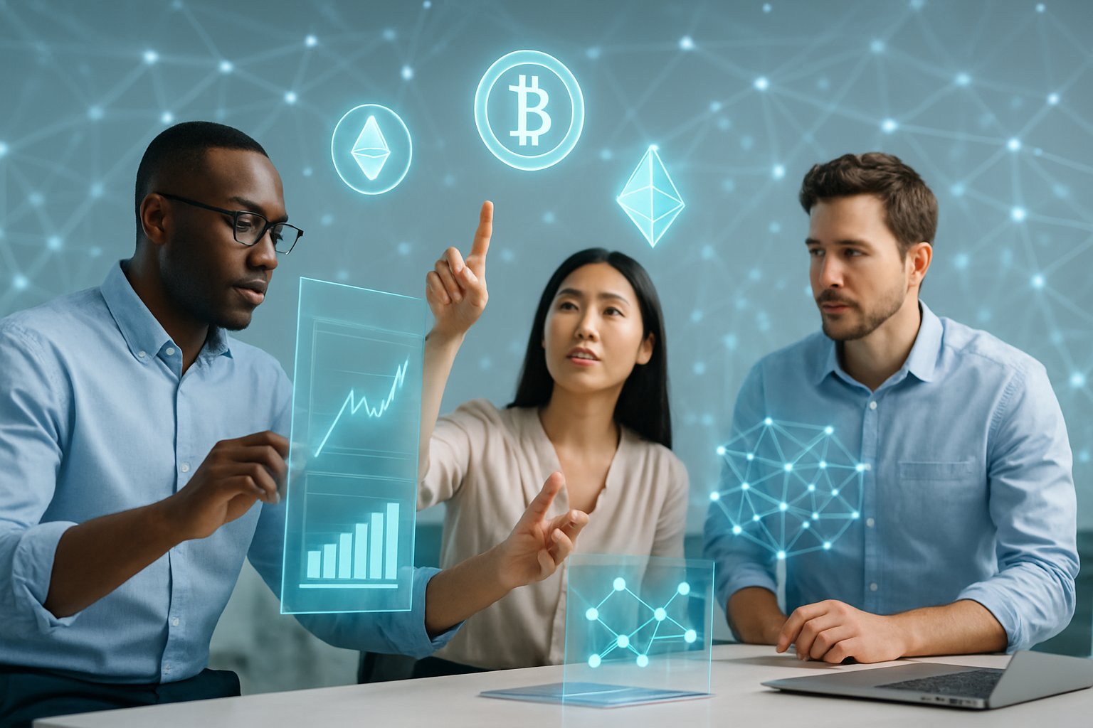 A group of professionals interacting with floating digital screens showing blockchain and cryptocurrency symbols in a modern workspace.
