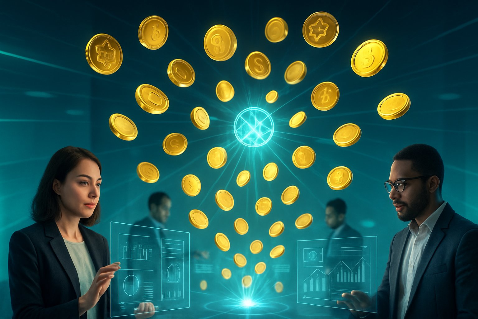 A group of professionals interacting with floating digital tokens and blockchain symbols in a futuristic digital environment.