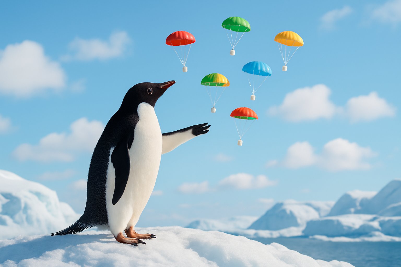 A penguin on a snowy hilltop releasing colorful parachutes into the sky over a polar landscape.