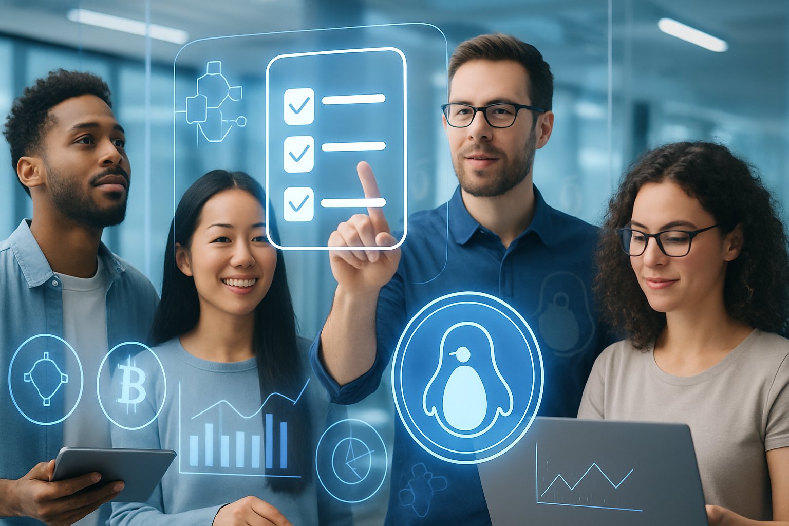 A group of diverse professionals interacting with futuristic digital screens showing blockchain symbols and checklists in a bright, modern workspace.