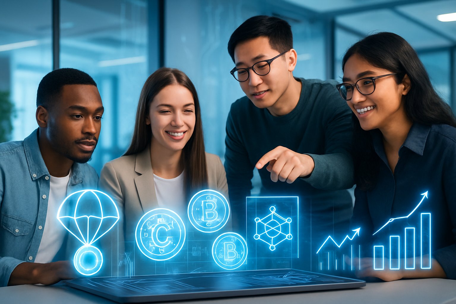 A group of young professionals working together around a computer desk with holographic digital tokens and graphs in a modern office.