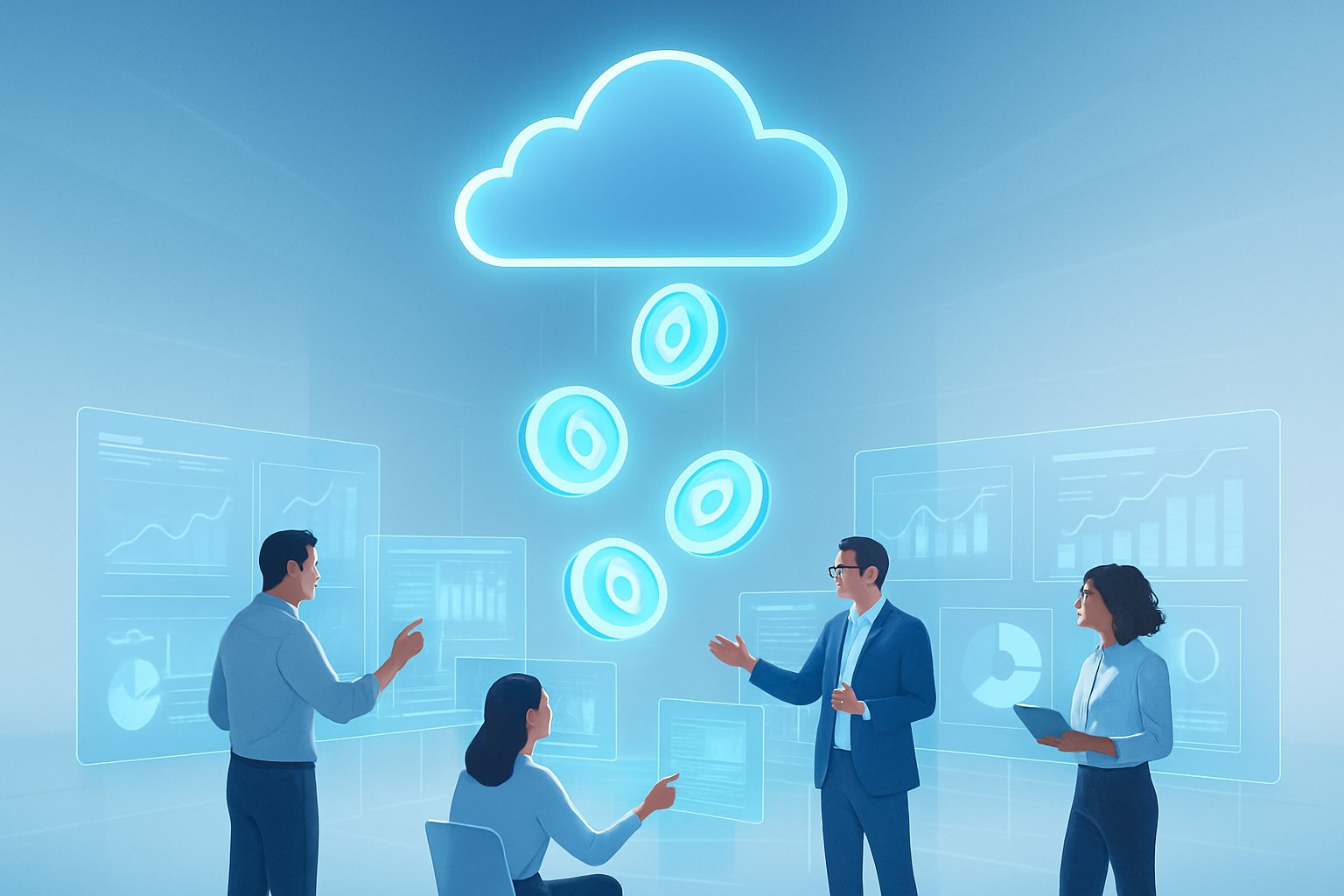 People interacting with holographic digital tokens descending from a cloud in a modern tech environment.