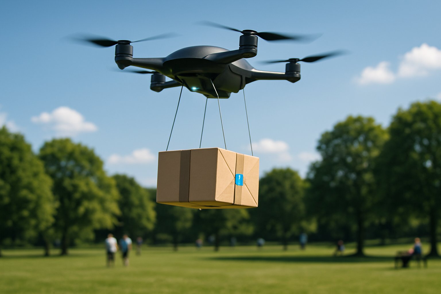 A drone delivering a small package over a green park with people in the background.