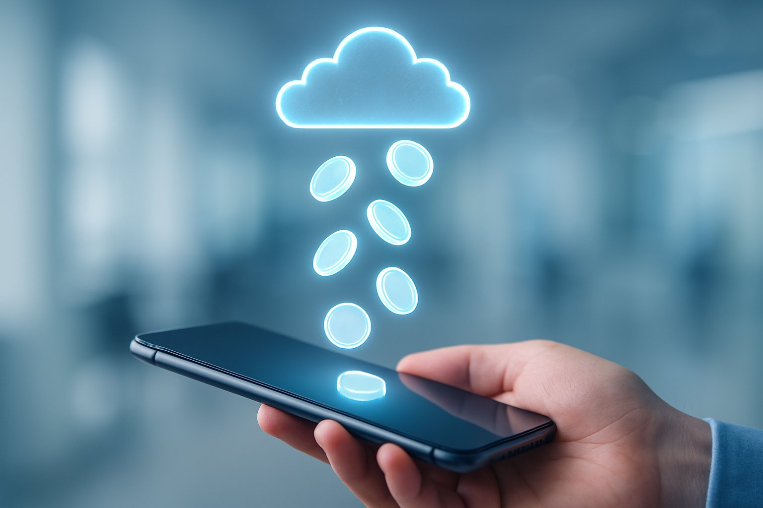 A hand holding a smartphone with glowing digital tokens descending from above in a modern office setting.