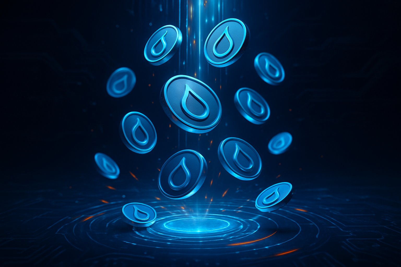 Floating digital cryptocurrency tokens dispersing in a futuristic high-tech environment with glowing light effects.