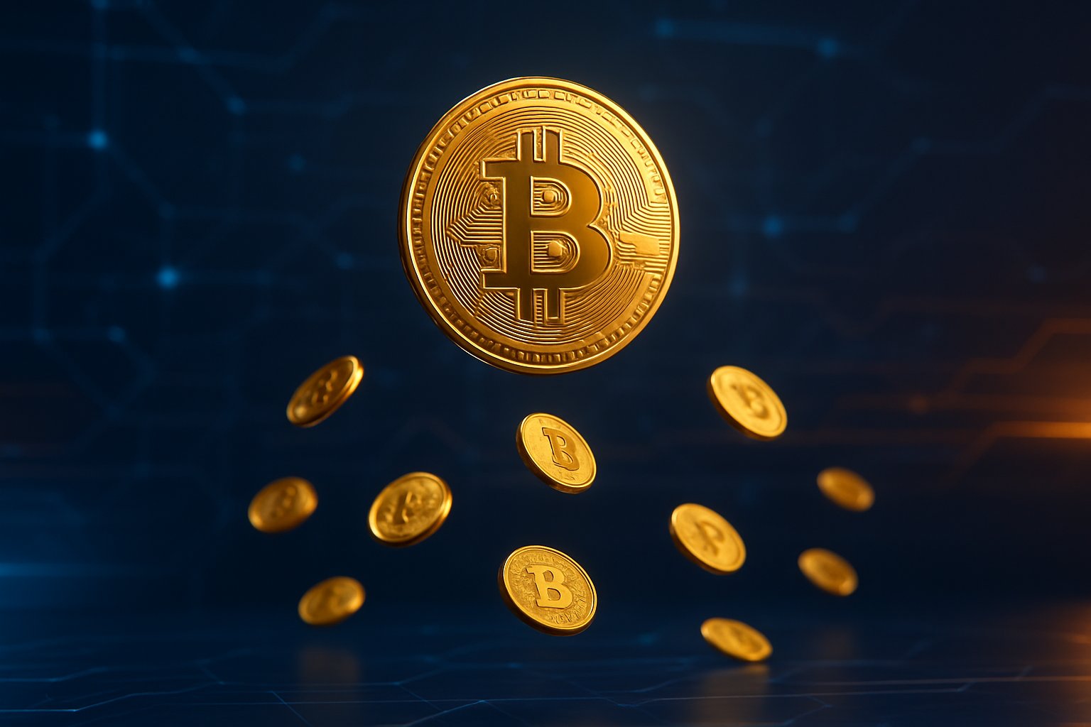 A digital scene showing a large golden Bitcoin coin surrounded by smaller coins floating downward against a background of glowing network lines.