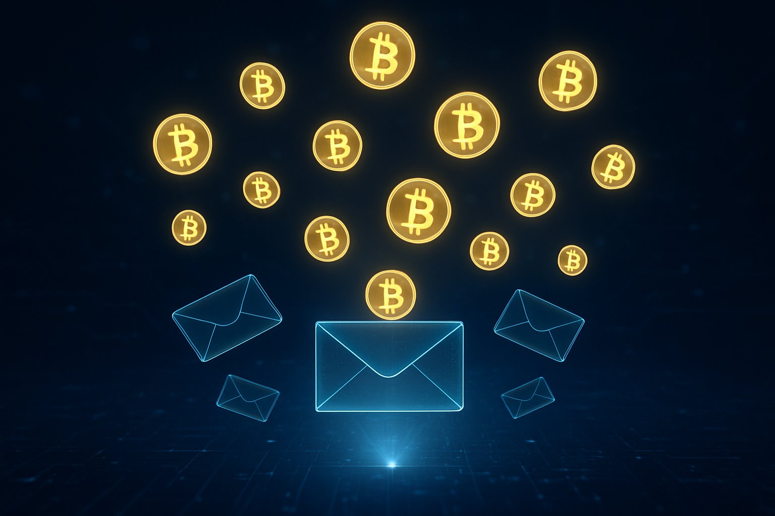 A digital scene showing glowing Bitcoin symbols and golden coins being dispersed from digital envelopes against a futuristic background.